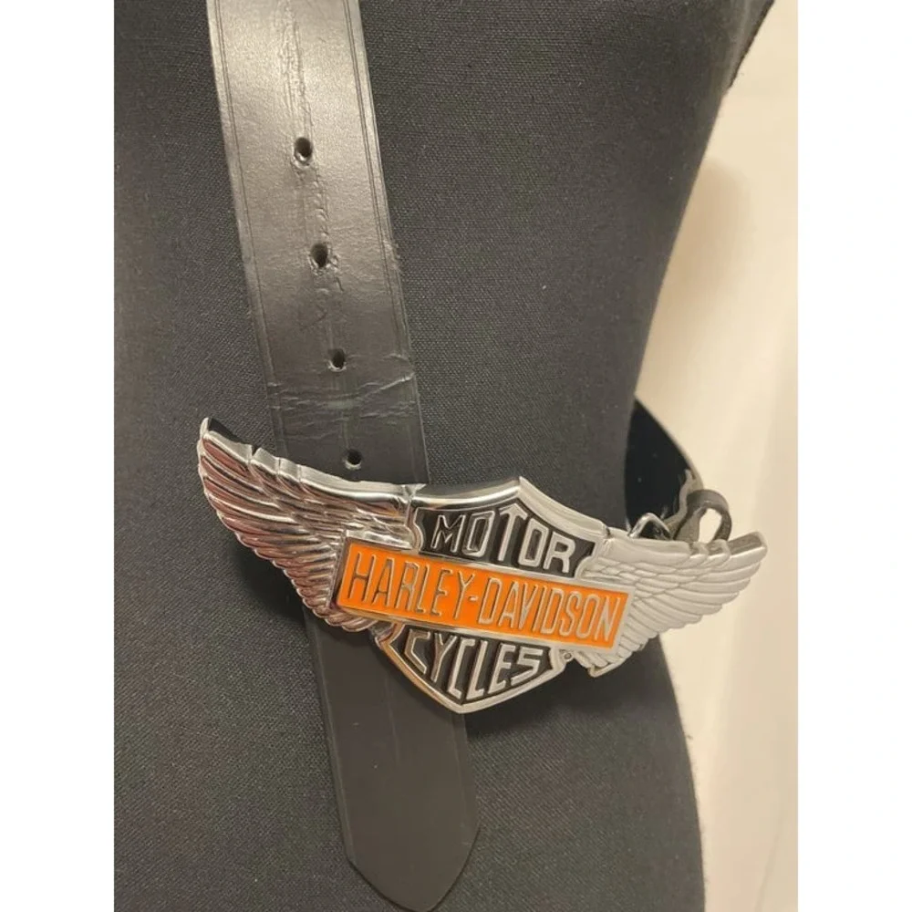 Vtg 2006 Harley Davidson Leather Belt Mens 38 Embossed Letters Large Wing Buckle